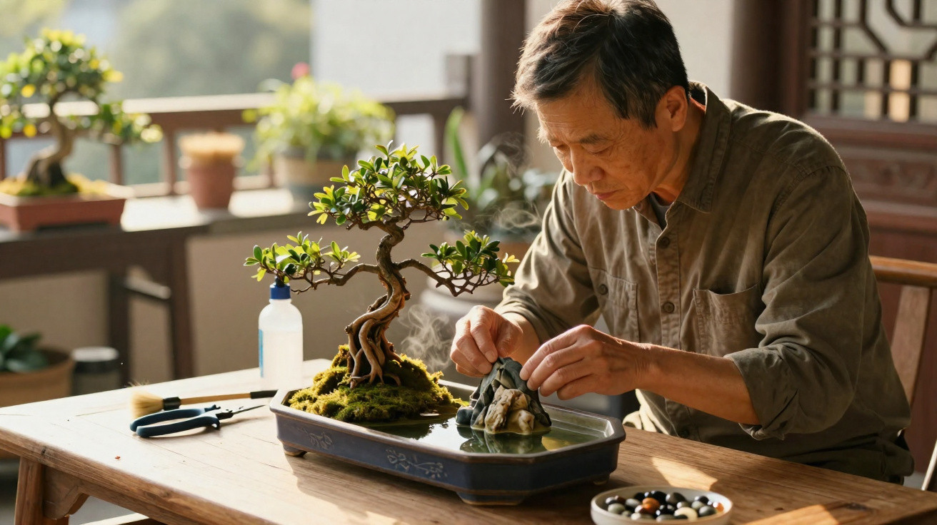 Homem a cuidar de um bonsai e decoração numa sala iluminada com várias plantas.