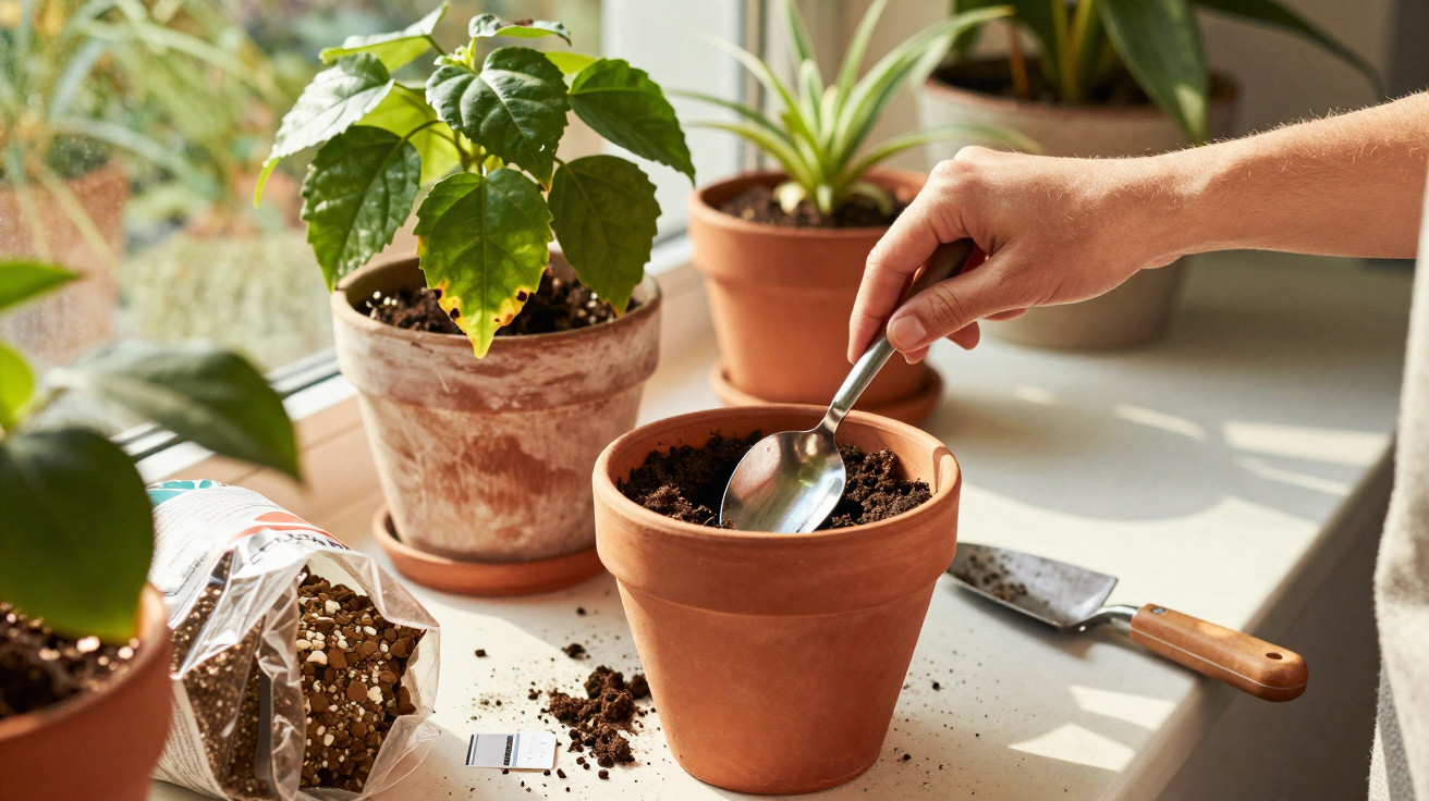 Mão usando colher para preparar vaso com terra junto a outras plantas em janela iluminada.