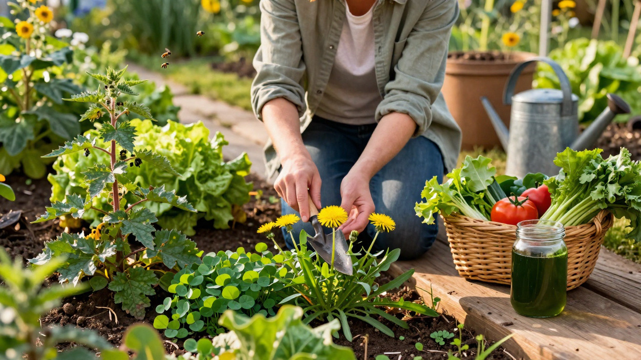 Pessoa a cuidar de flores amarelas num jardim com cesta de legumes frescos e regador ao fundo.