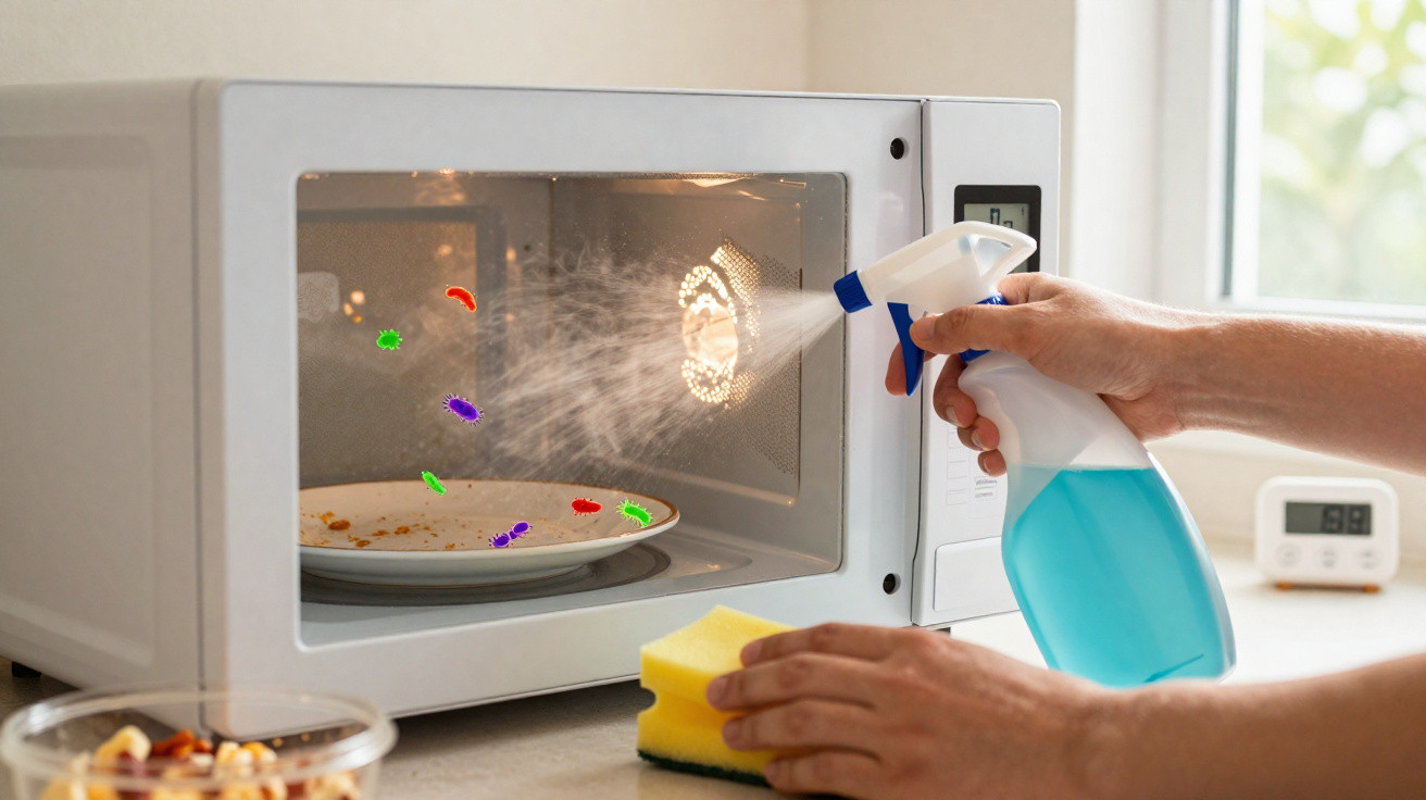 Pessoa a limpar micro-ondas com desinfetante, mostrando bactérias coloridas na sujidade do prato.