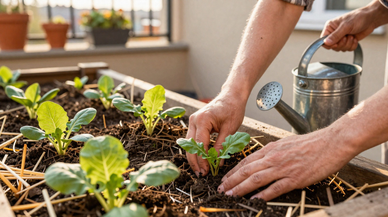 Mãos a plantar muda em cama de cultivo com terra e regador metálico num cenário exterior urbano.