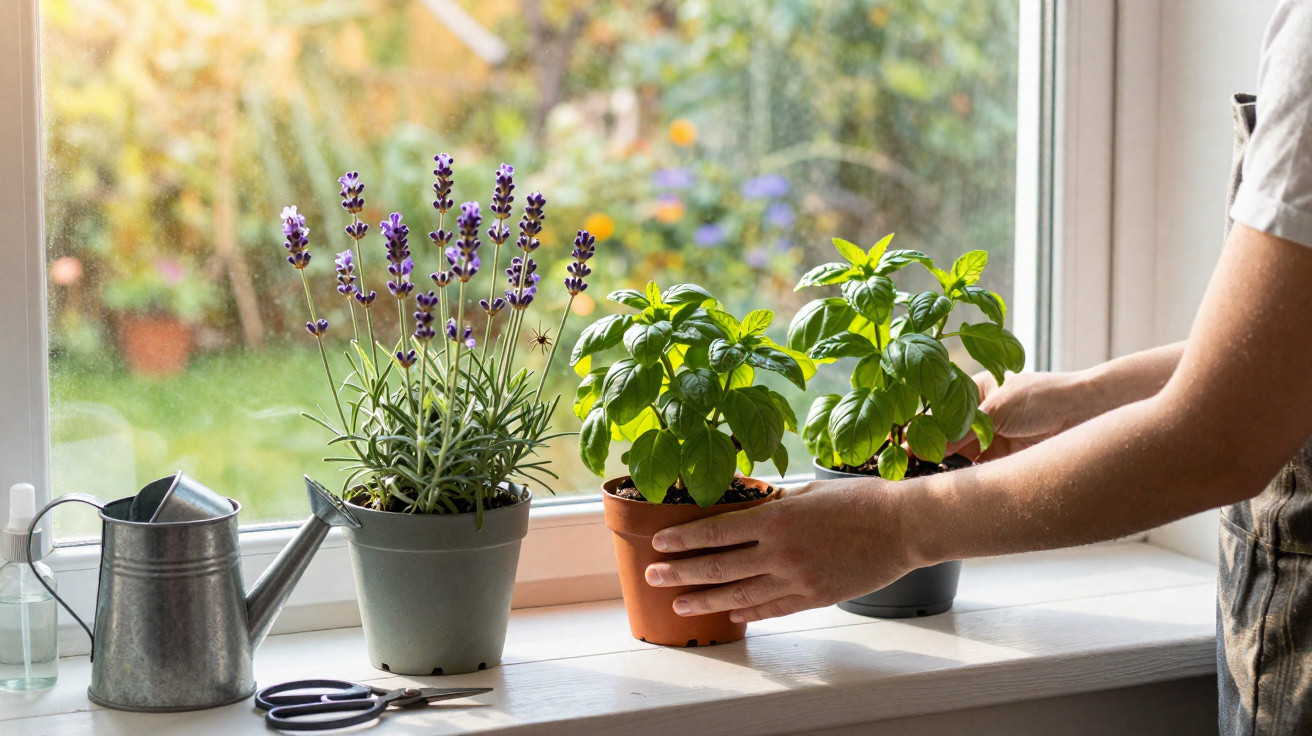 Mãos a organizar vasos de plantas, incluindo manjericão e lavanda, numa janela com regador e tesoura ao lado.
