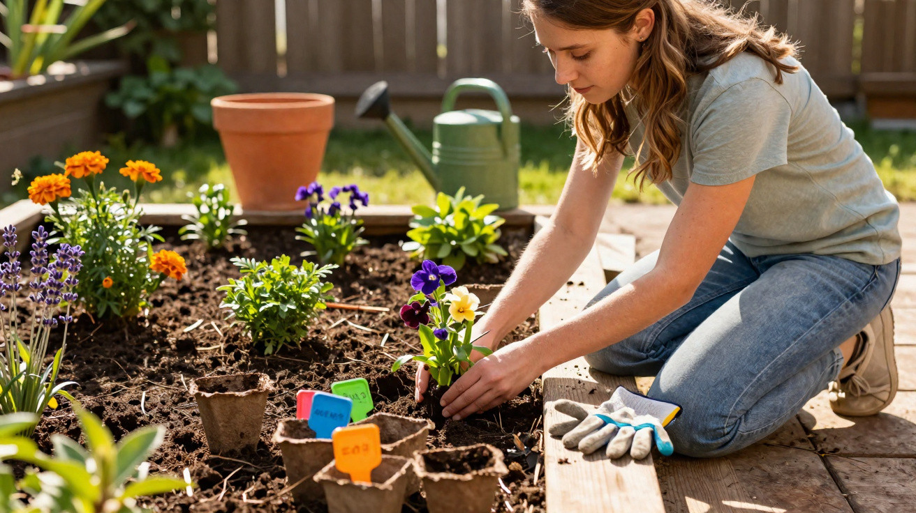 Jovem a plantar flores coloridas num jardim, rodeada de vasos e regador, ao ar livre.