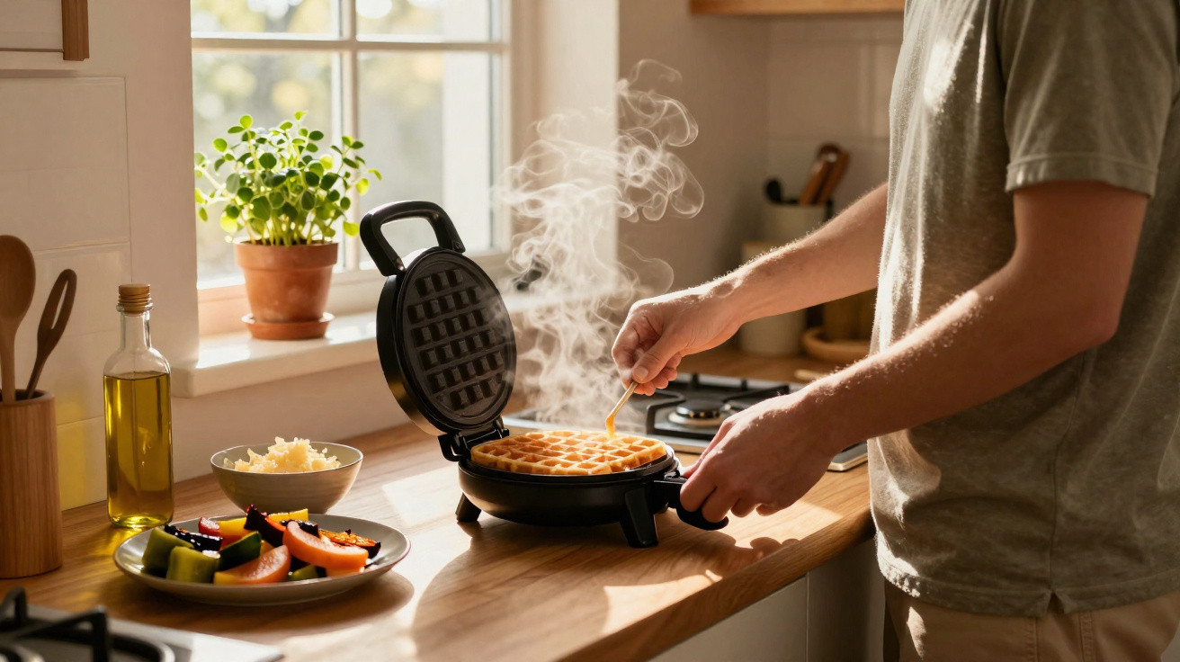 Pessoa a verificar o cozimento de uma waffle numa máquina na cozinha com luz natural a entrar pela janela.