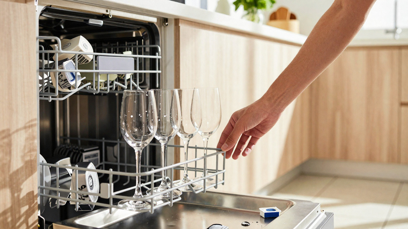 Pessoa a retirar copos de vinho limpos de uma máquina de lavar loiça numa cozinha moderna.