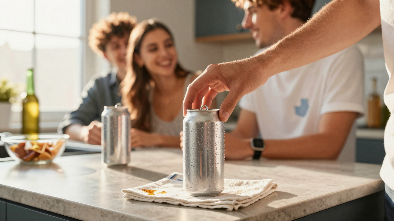 Mão a pegar lata de bebida sobre balcão, com três pessoas conversando ao fundo numa cozinha iluminada.