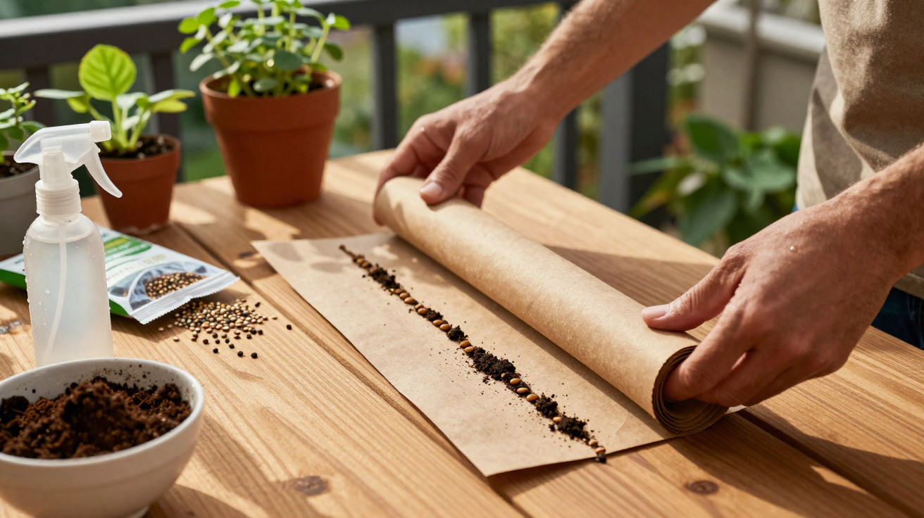 Pessoa enrola papel com sementes, terra e ferramentas de plantação numa mesa de madeira ao ar livre.