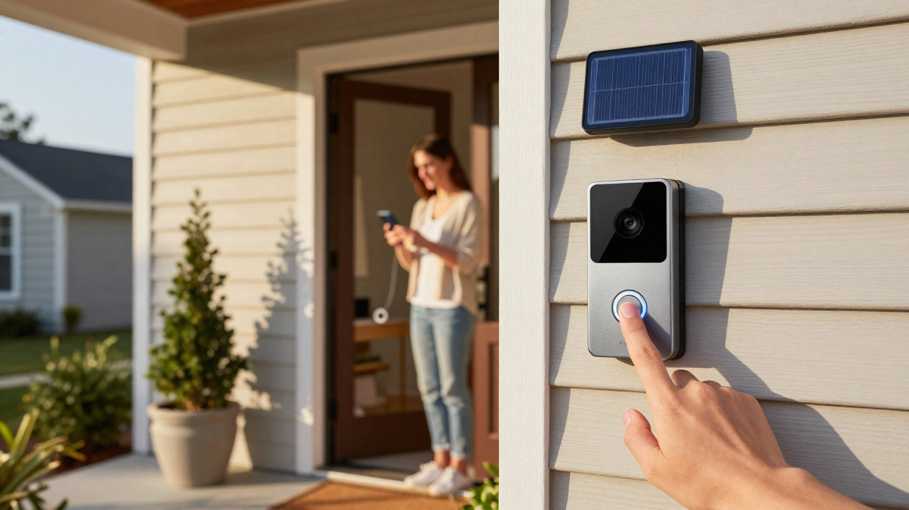 Porta com vídeo porteiro e painéis solares enquanto um dedo pressiona o botão e mulher usa telemóvel na entrada.