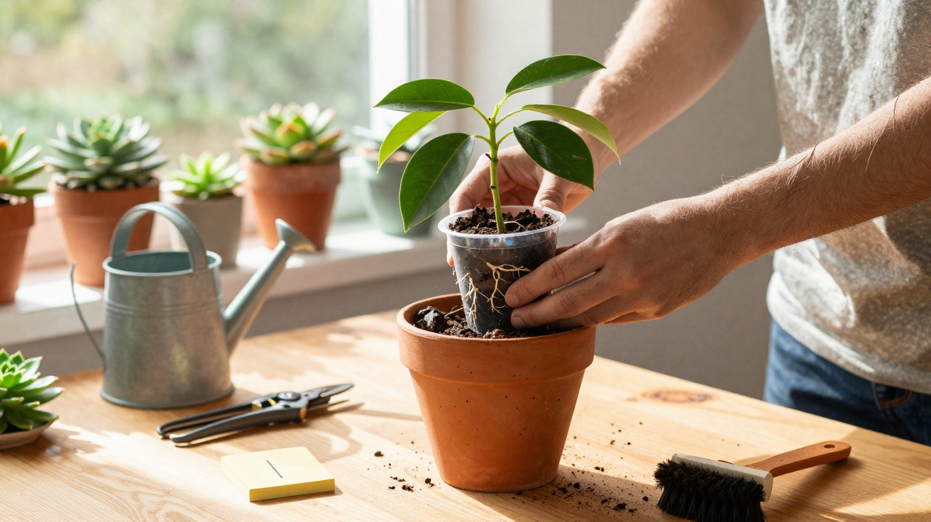 Pessoa a transplantar uma planta jovem de um vaso de plástico para um vaso de barro numa mesa de madeira.