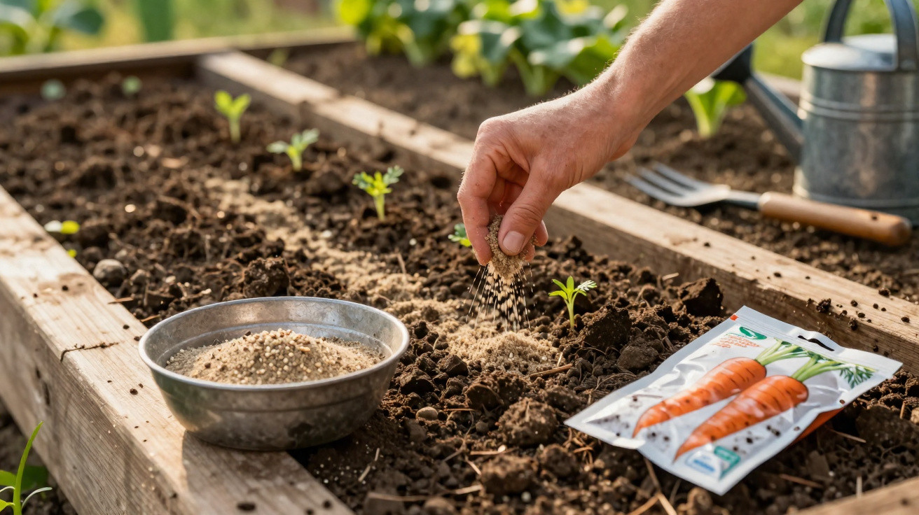 Mão a aplicar fertilizante em canteiro com pequenas plantas e pacotes de sementes de cenoura.