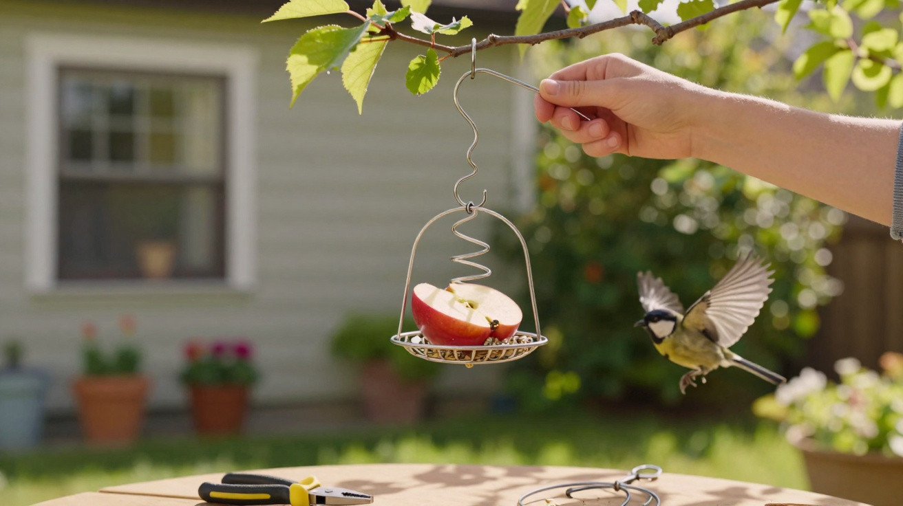 Mão a pendurar alimento com maçã num ramo para um pássaro, que voa em jardim com flores e ferramentas.
