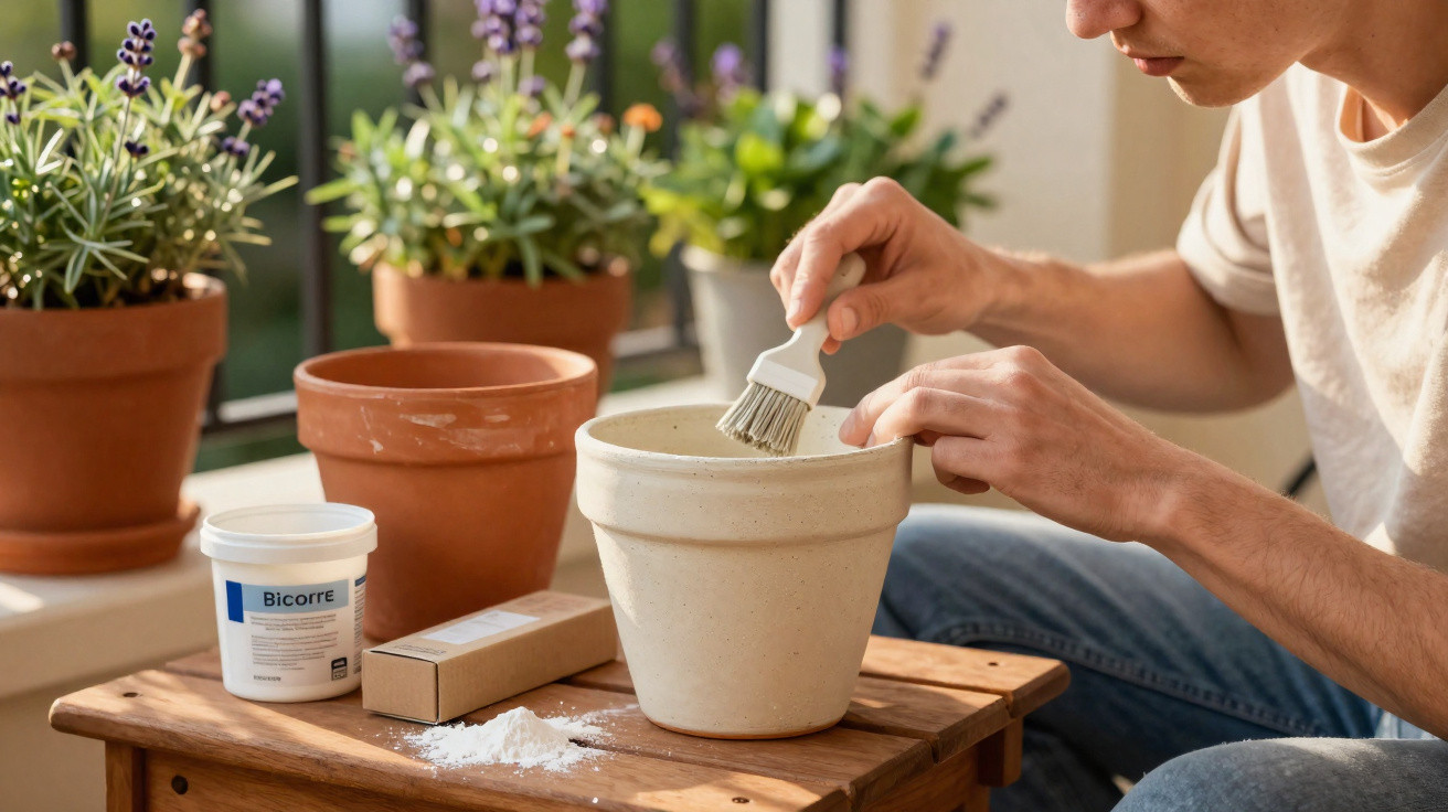 Pessoa a aplicar pó branco com pincel num vaso de barro junto a vasos de plantas numa janela.