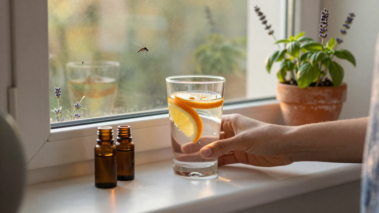 Mão a segurar copo de água com rodelas de laranja perto de duas garrafas pequenas e um vaso com planta na janela.