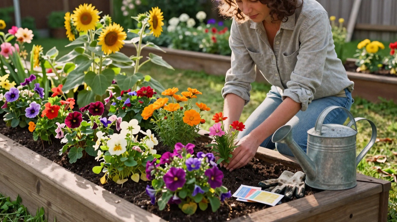 Pessoa a plantar flores coloridas numa horta elevada com regador e luvas ao lado.