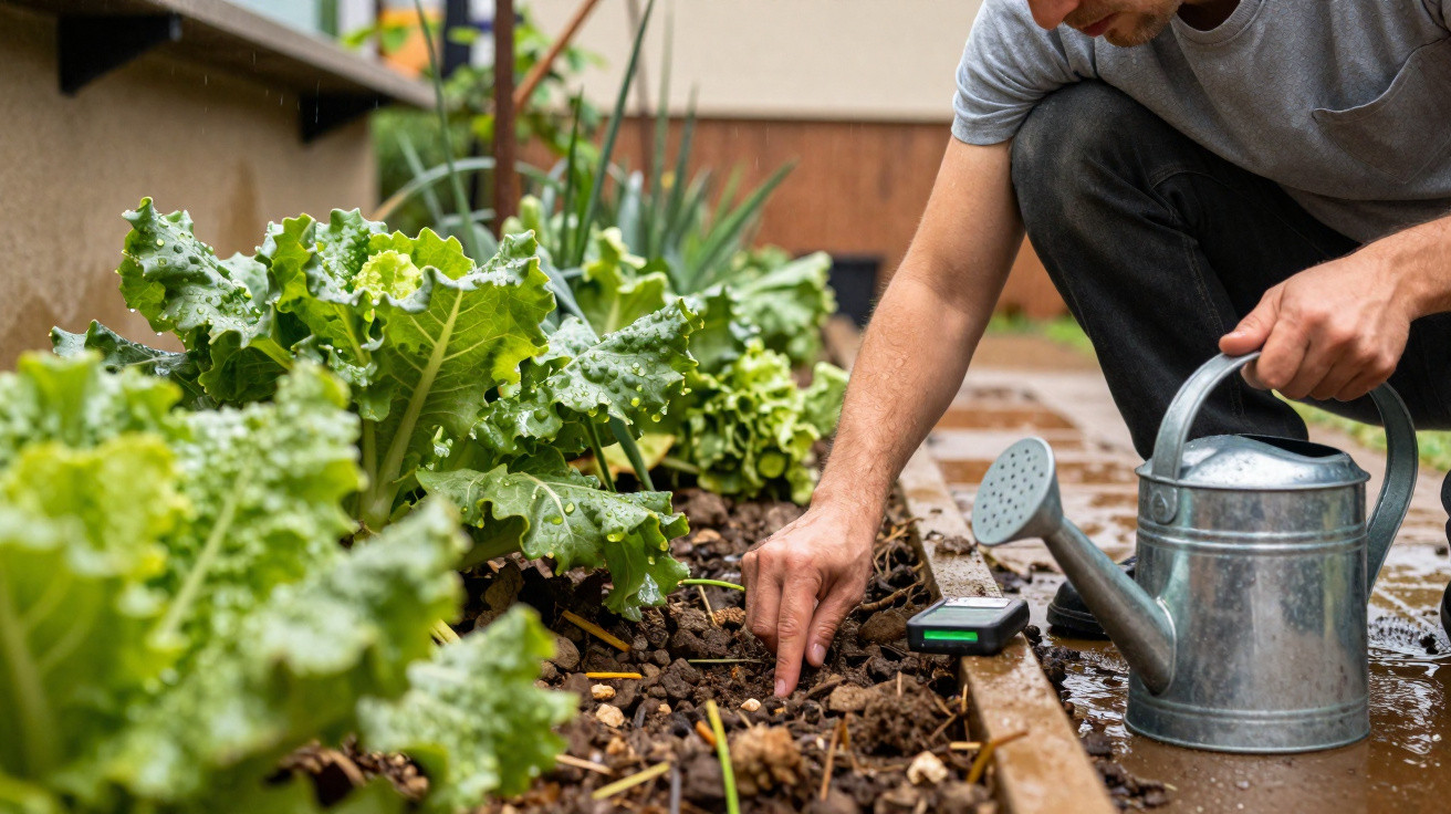 Pessoa a cuidar de plantas numa horta urbana, regando com regador metálico e a mexer na terra.