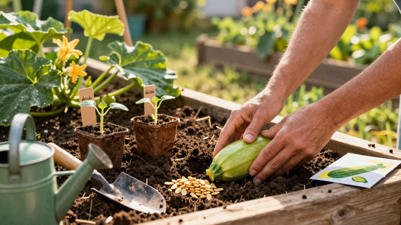 Mãos seguram curgete numa horta com terra, sementes, regador, enxada e plantas jovens.