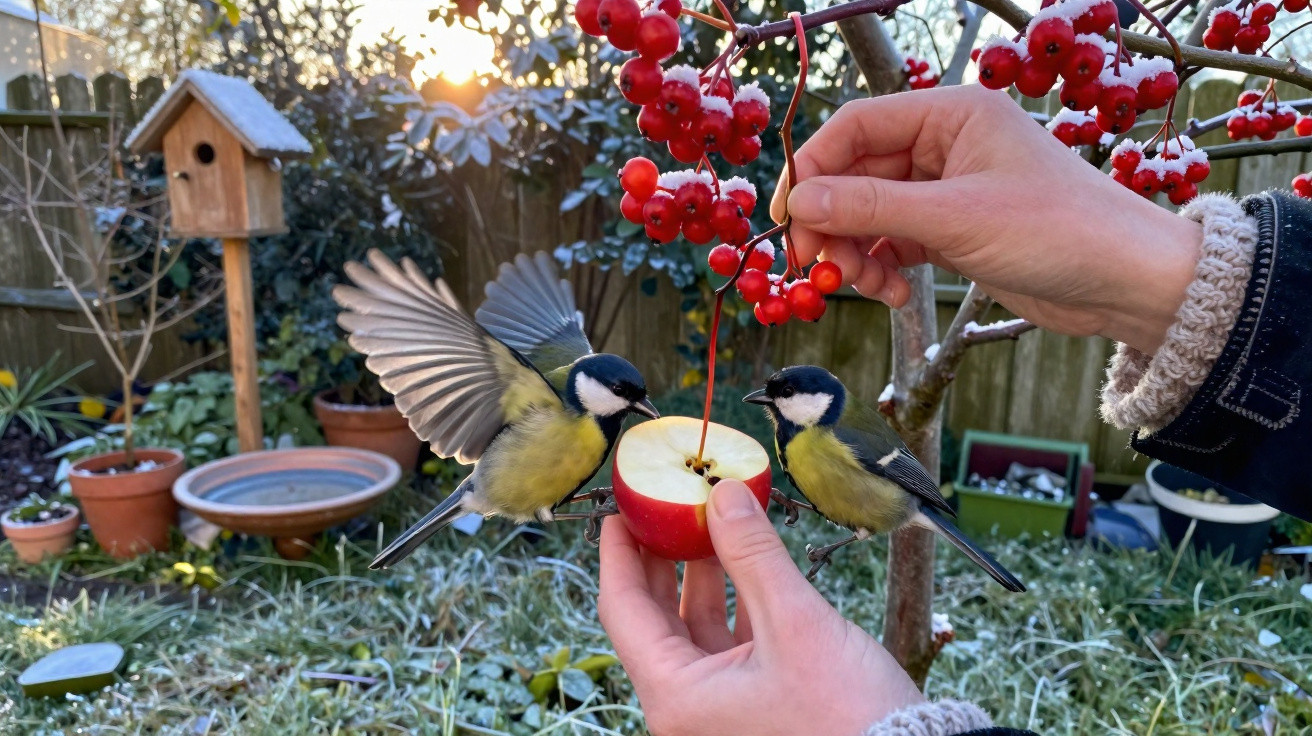 Mãos a alimentar dois tentilhões com maçã cortada e frutos vermelhos num jardim ensolarado.