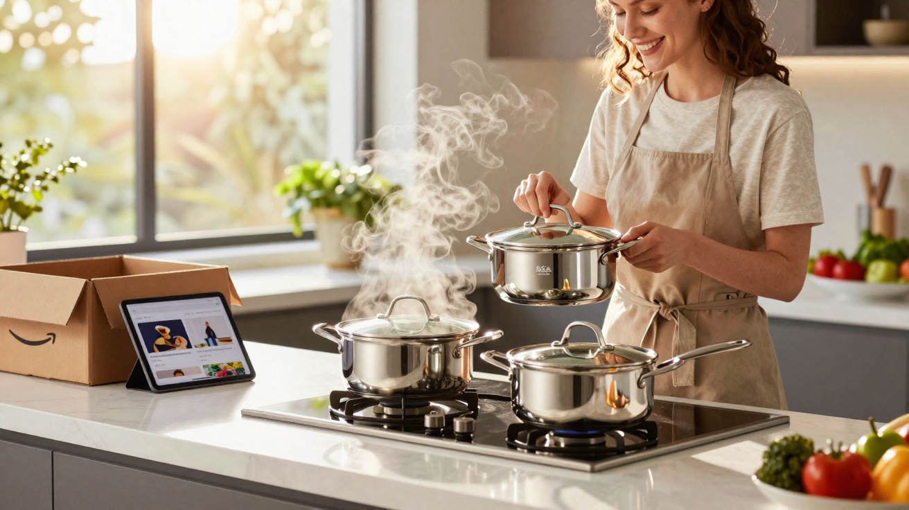 Mulher a cozinhar em cozinha moderna com tablet e tachos a ferver num fogão a gás.