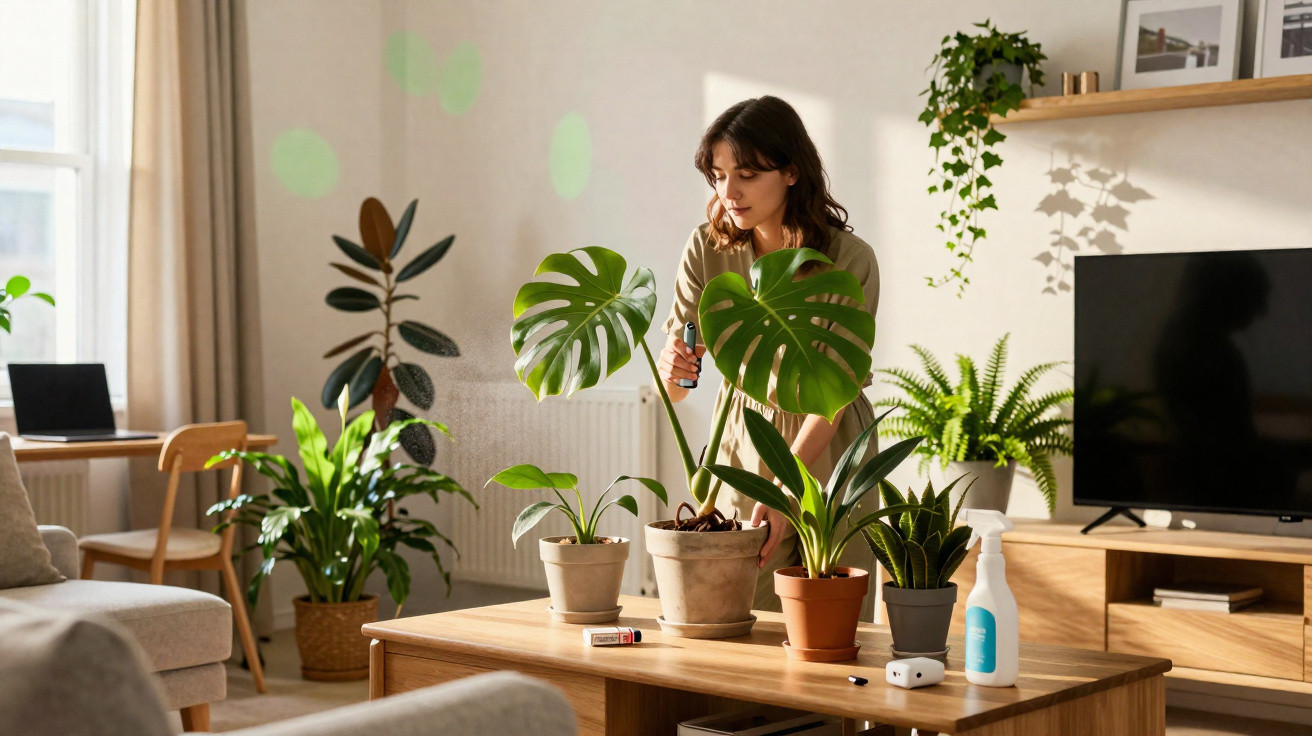 Mulher a cuidar de plantas verdes em vasos numa sala de estar com luz natural e decoração moderna.