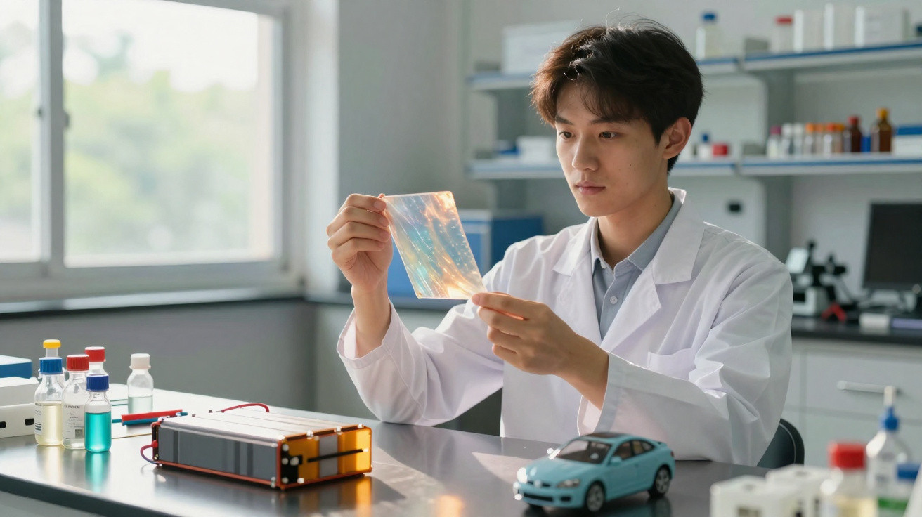 Cientista em laboratório observa amostra translúcida enquanto estuda baterias e modelo de carro elétrico.
