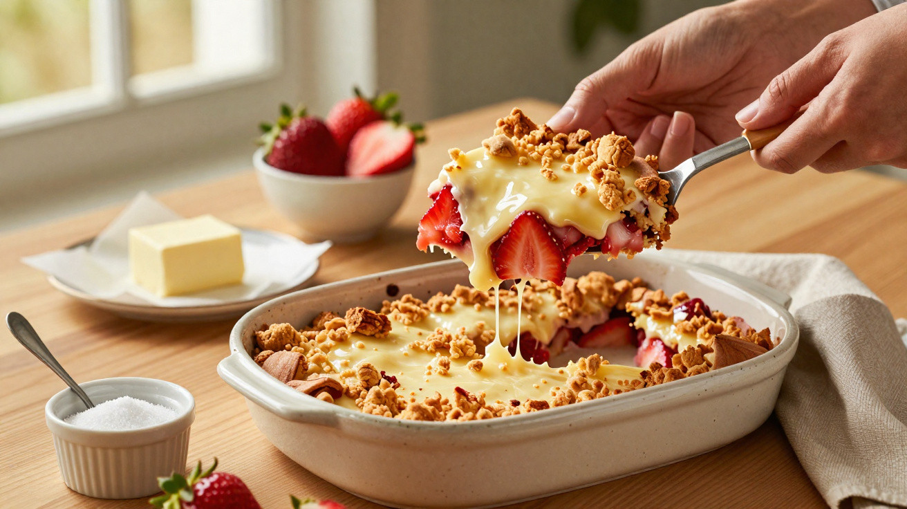 Tarte de morango com cobertura cremosa e crumble, uma fatia a ser servida por uma mão com colher.