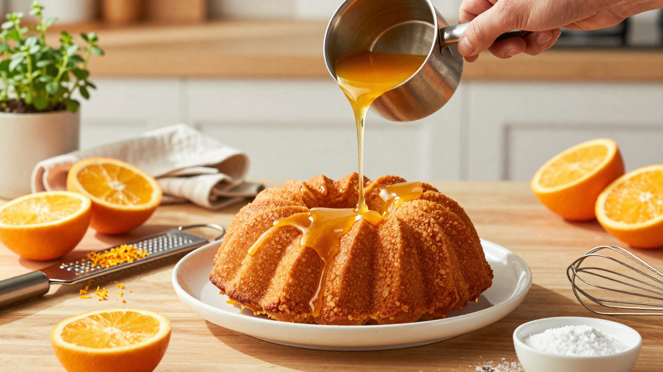 Mão a verter calda dourada sobre bolo bundt numa cozinha com laranjas e utensílios ao fundo.