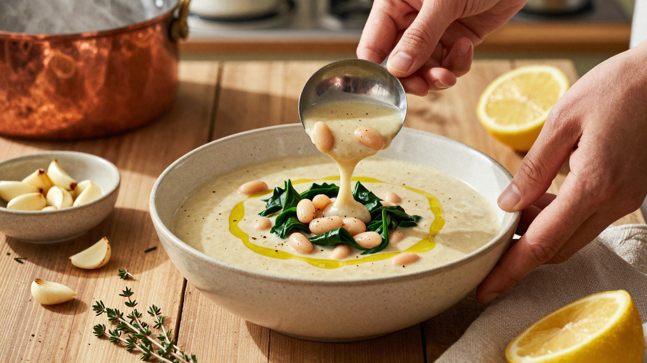 Mãos a servir sopa cremosa com feijão branco, espinafres e azeite num prato fundo sobre mesa de madeira.