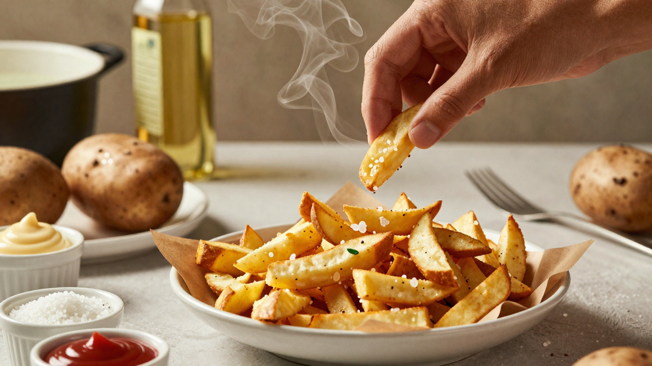 Mão a pegar batata frita quente salgada em prato branco com batatas e condimentos ao fundo.