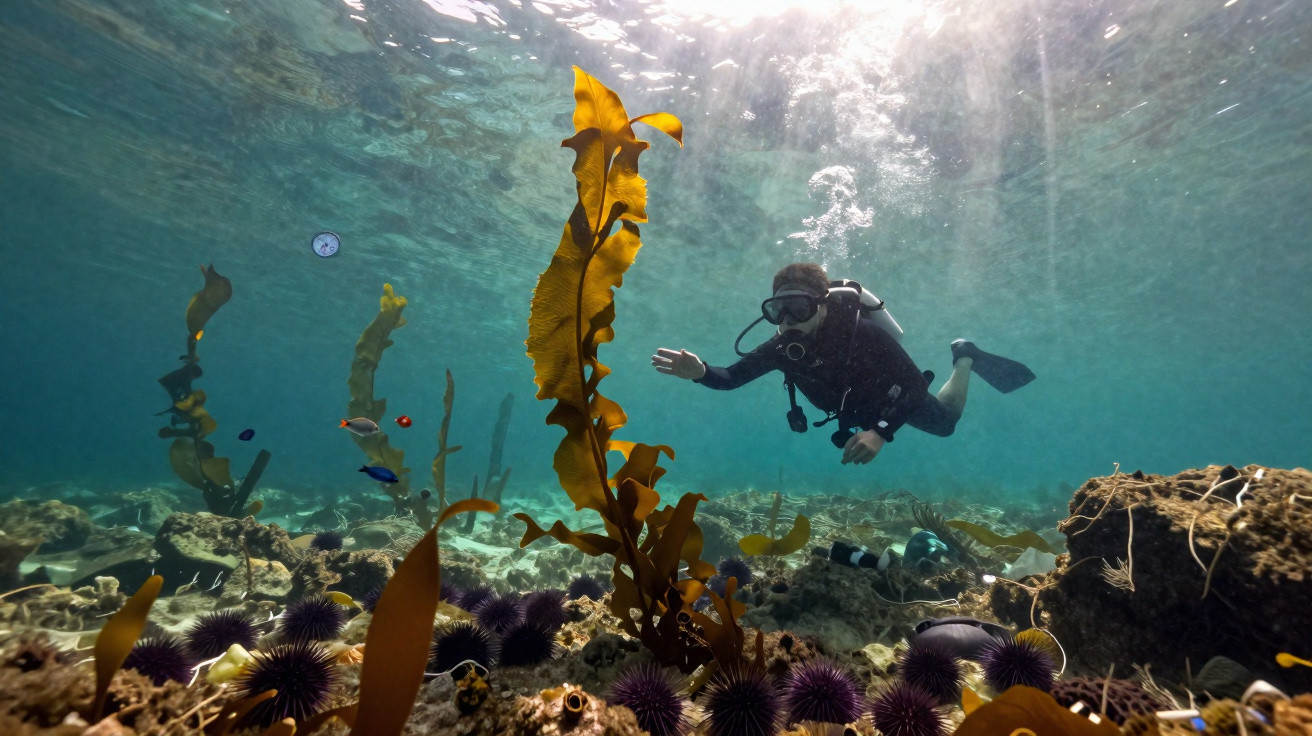 Mergulhador em equipamento completo explora fundo marinho com algas e ouriços-do-mar em águas claras.