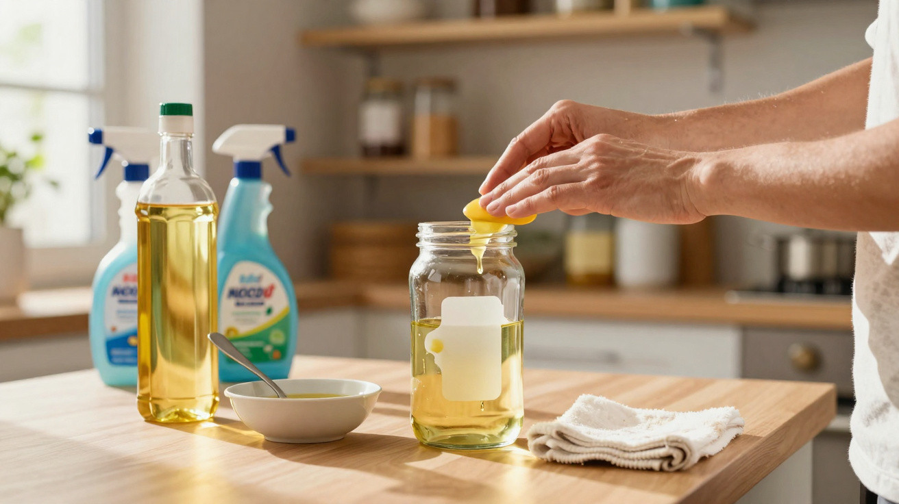 Pessoa espremendo limão dentro de um frasco com líquido amarelo numa cozinha iluminada.