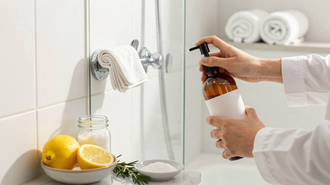 Mãos a pressionar dispenser de sabonete num banheiro com limões, toalhas e sal em decoração minimalista.
