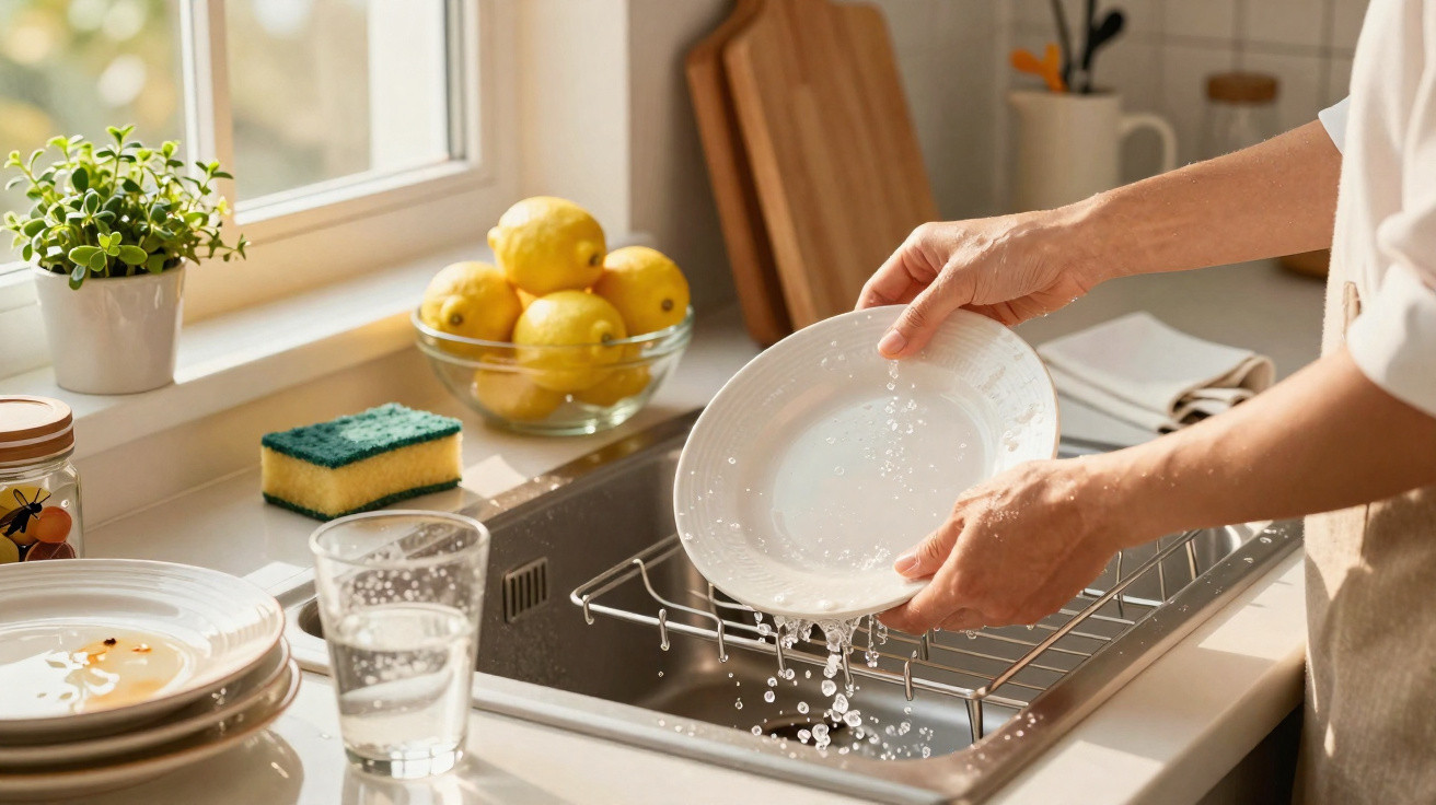 Mãos a lavar um prato branco junto a uma pia, com limões, esponja e copo na bancada da cozinha.