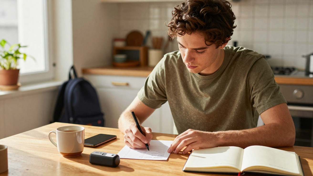 Jovem sentado à mesa escrevendo em papel, com caderno, telemóvel, garrafa e caneca na cozinha iluminada.
