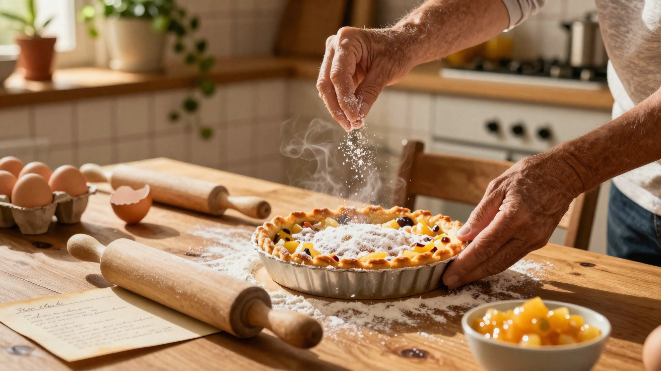 Pessoa a polvilhar açúcar em torta quente numa cozinha rústica com utensílios de pastelaria.