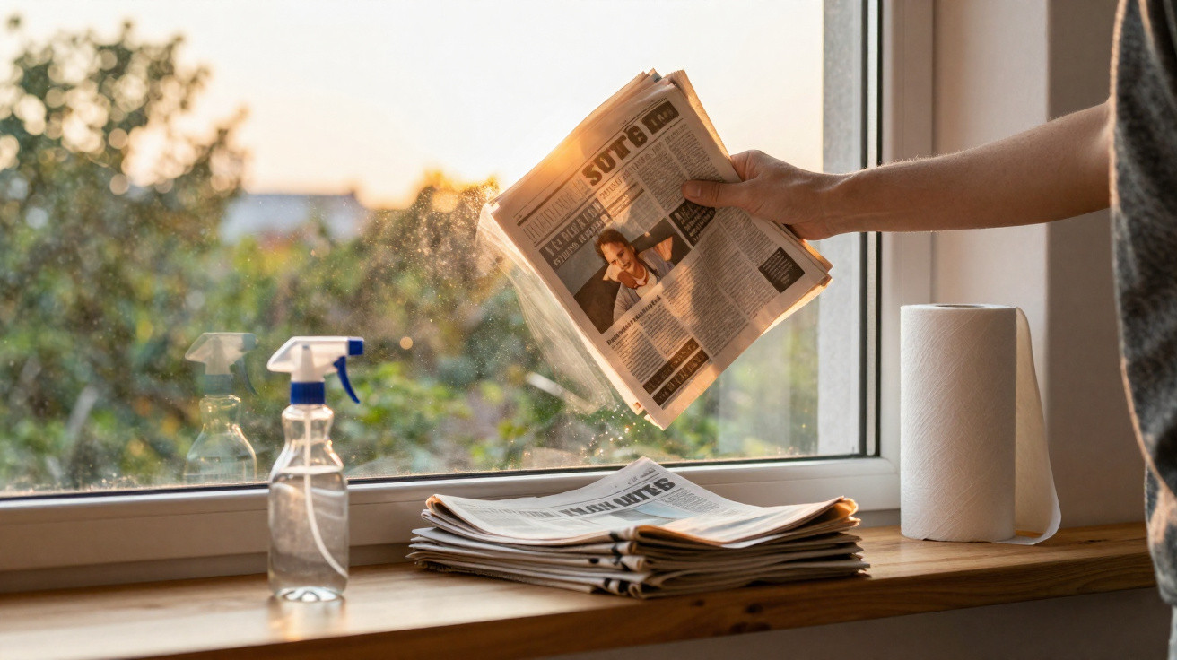 Pessoa a limpar janela com jornal, spray e papel de cozinha numa manhã iluminada.