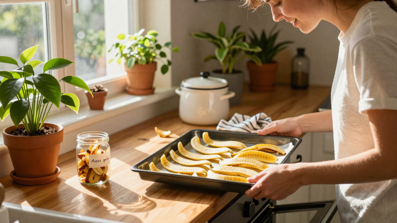 Pessoa a preparar fatias de banana numa forma na cozinha com luz natural e plantas ao fundo.
