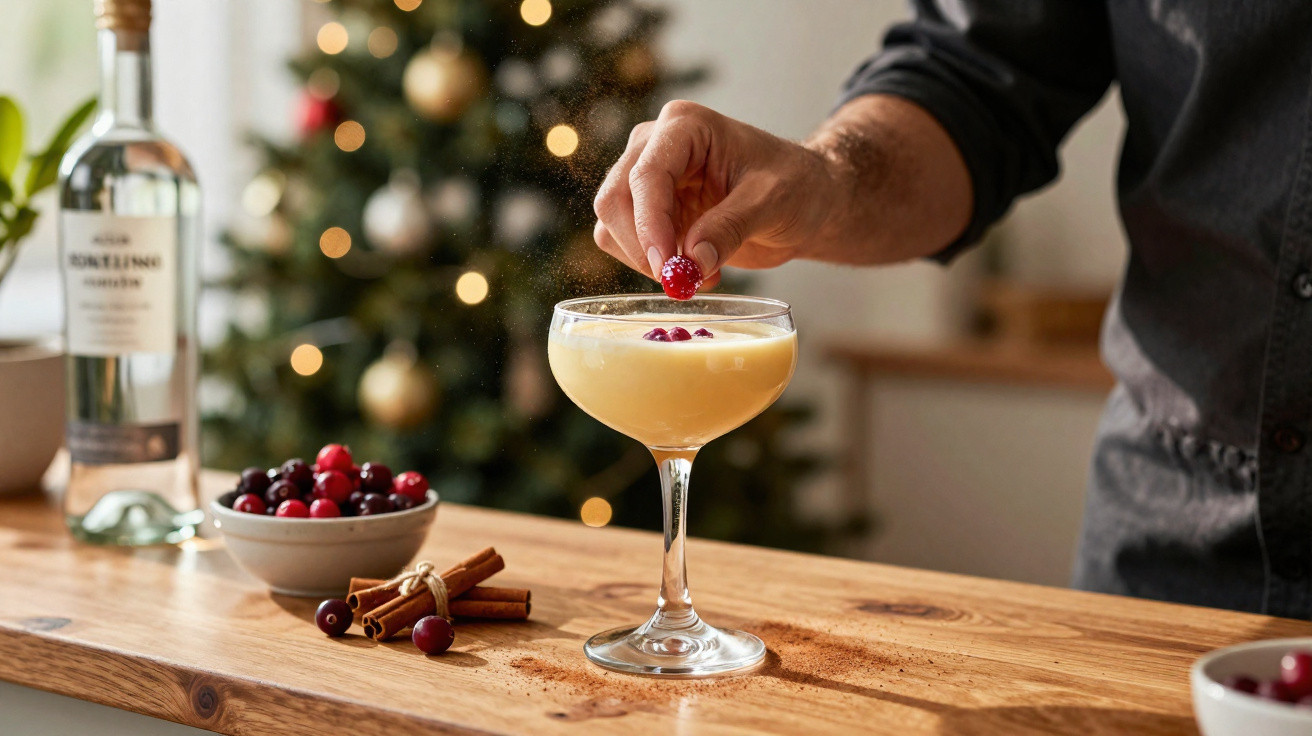 Pessoa a decorar cocktail com bagas vermelhas numa mesa de madeira com árvore de Natal desfocada ao fundo.