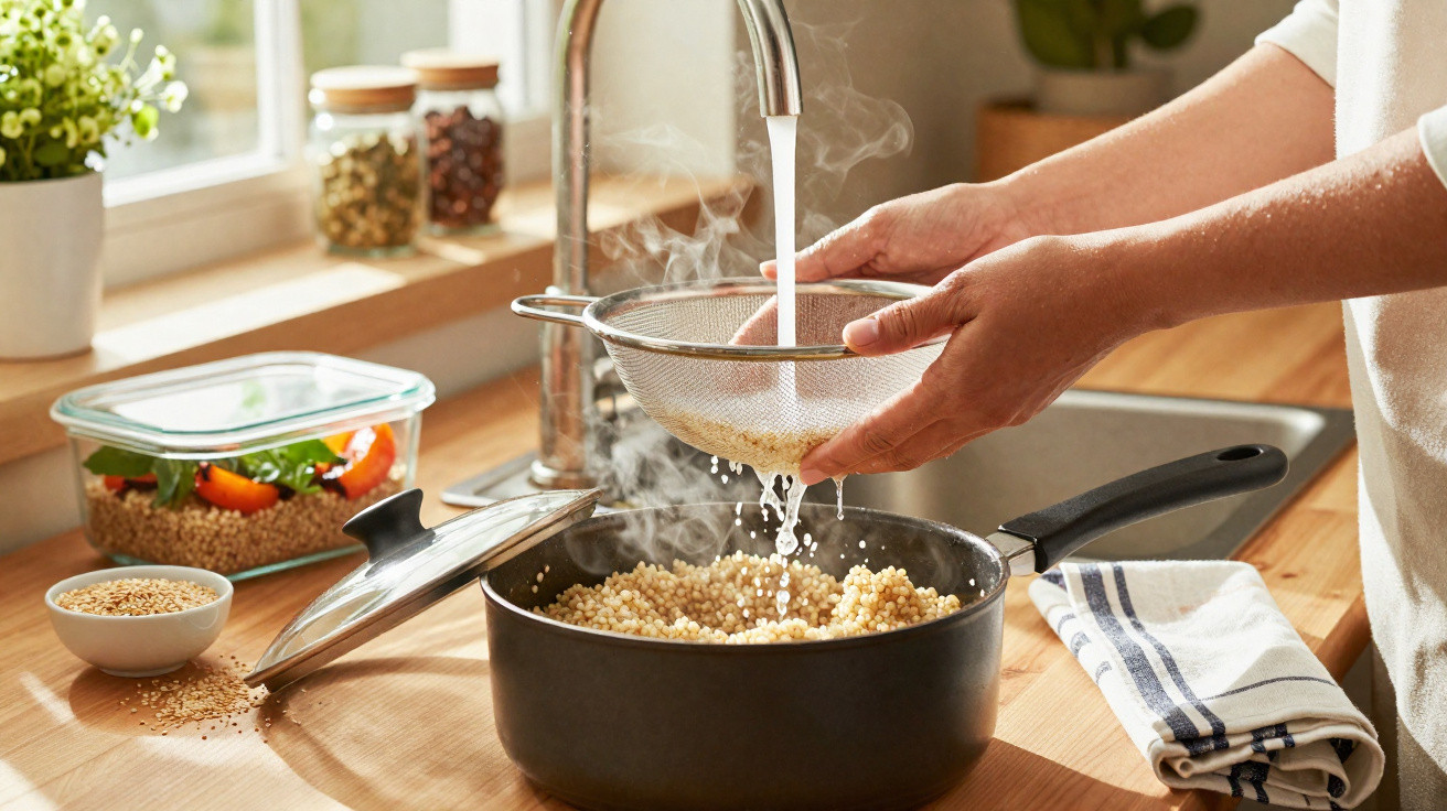 Pessoa a escorrer quinoa cozinhada num passador sobre uma panela na cozinha iluminada pela luz natural.