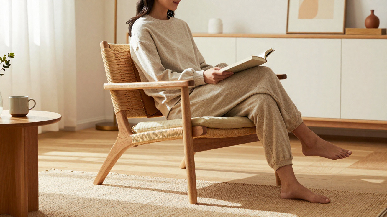 Mulher sentada numa cadeira de madeira a ler um livro numa sala luminosa e minimalista.