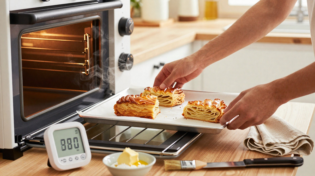 Pessoa a retirar pastelaria folhada dourada de forno elétrico numa cozinha moderna.