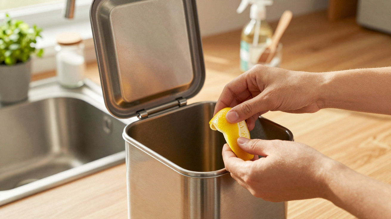 Mãos a espremer casca de limão para dentro de uma caixa de lixo de metal na cozinha.