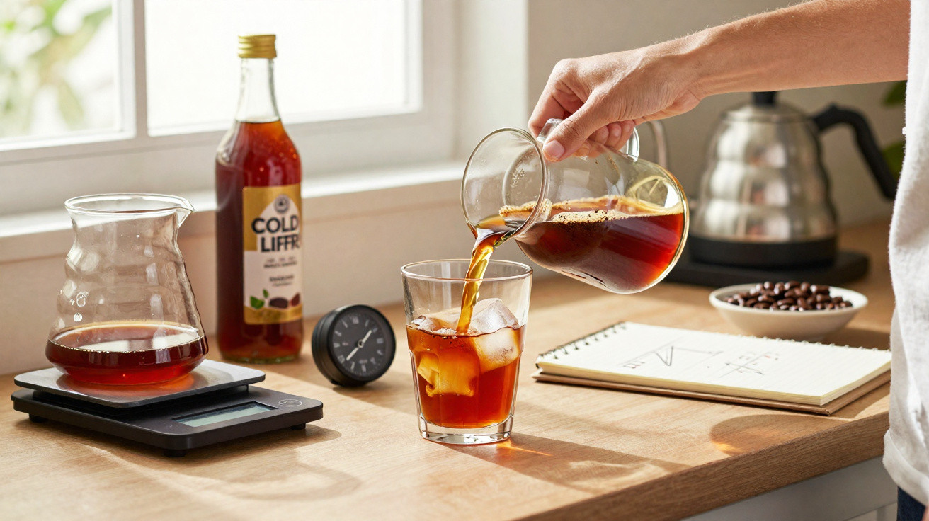 Pessoa a servir café gelado num copo com cubos de gelo sobre uma mesa com utensílios de café.