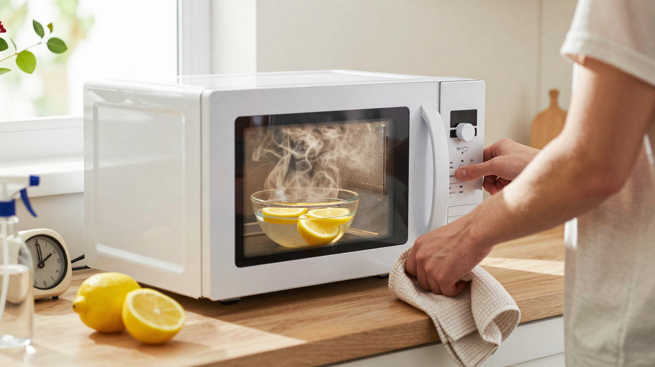 Micro-ondas branco a aquecer uma tigela com limões fatiados numa cozinha iluminada.