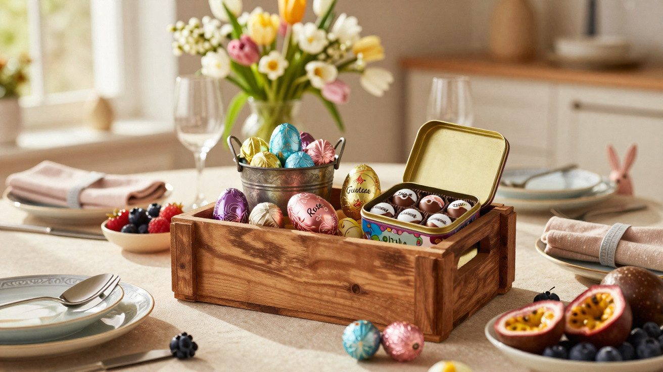 Mesa posta com caixa de madeira cheia de ovos de chocolate coloridos e flores ao fundo.