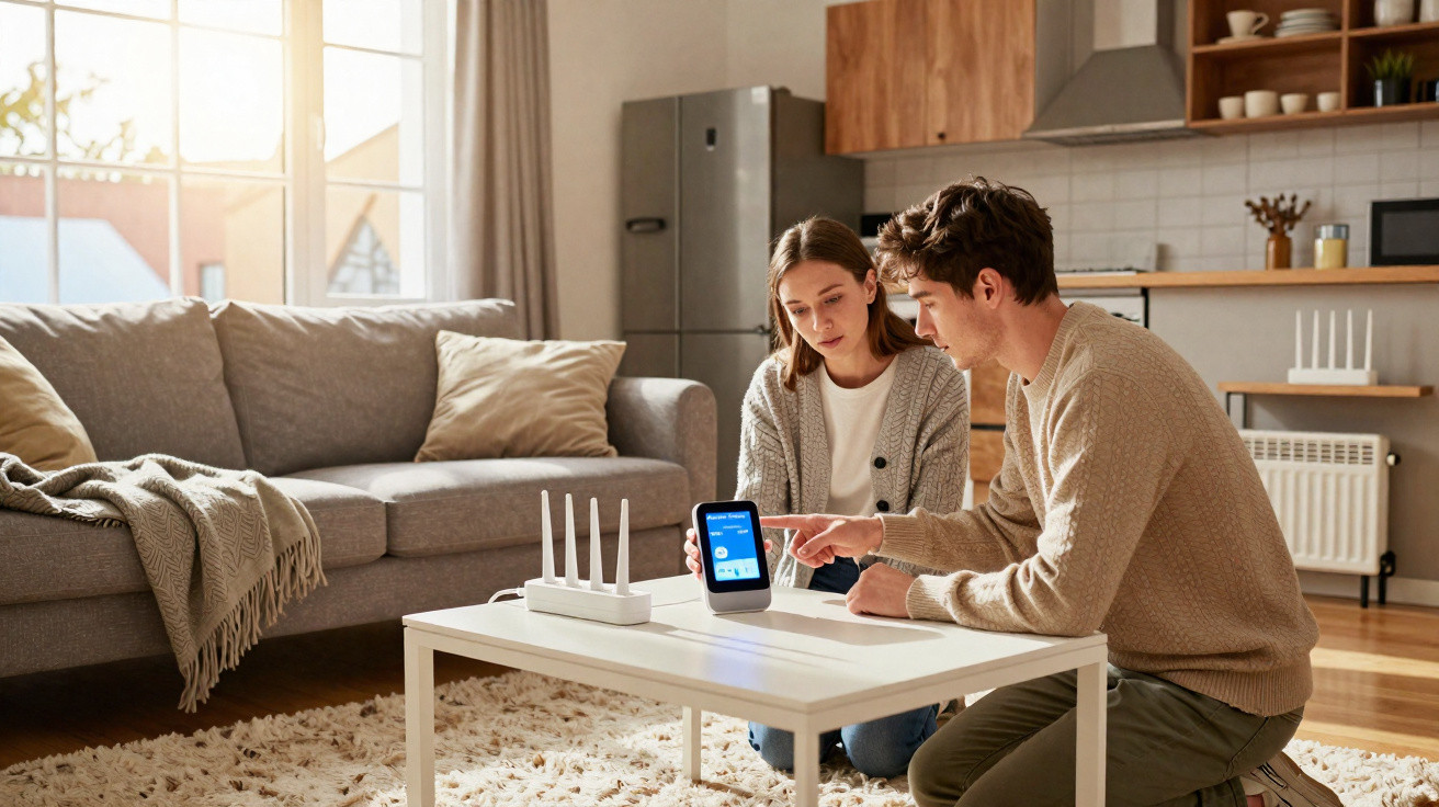 Jovem casal sentado à mesa na sala a configurar um router Wi-Fi com ecrã táctil.