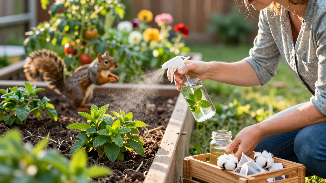 Pessoa a regar plantas com pulverizador perto de uma esquilo num jardim elevado.