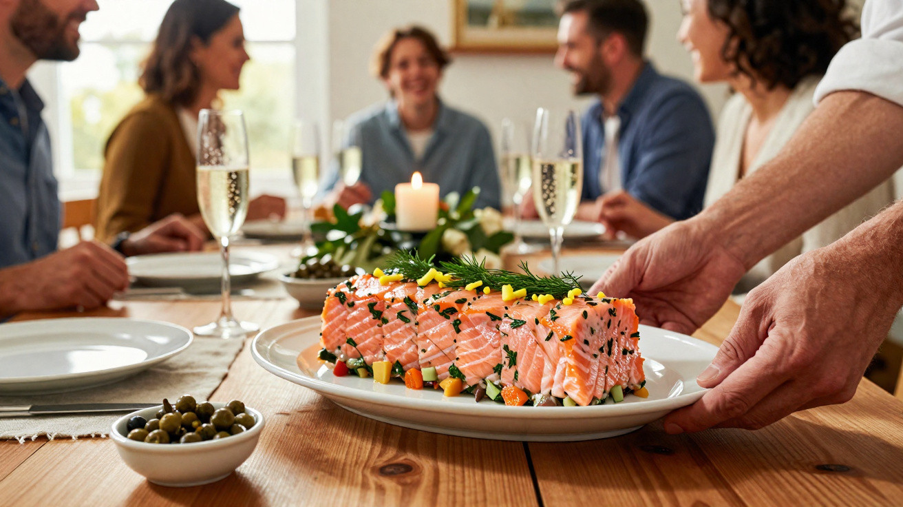 Pessoa a servir prato de salmão decorado numa mesa de jantar com amigos em fundo desfocado.