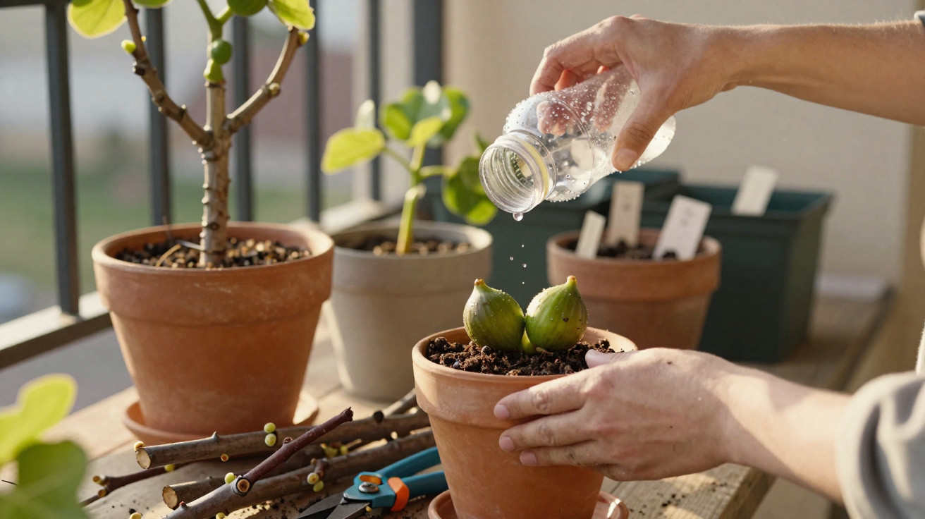 Pessoa a regar uma pequena planta com fruto verde num vaso de barro numa varanda.
