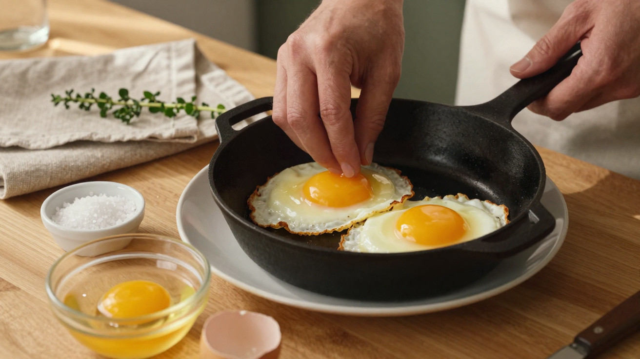 Mãos a colocar ovos estrelados numa frigideira de ferro sobre prato branco numa mesa de madeira com temperos.
