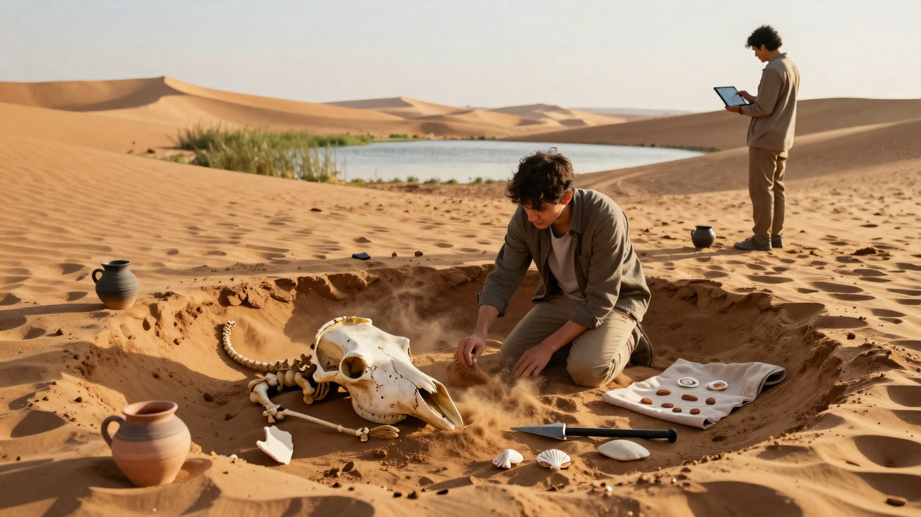 Dois arqueólogos escavando fósseis de um animal grande num deserto com dunas e um lago ao fundo.